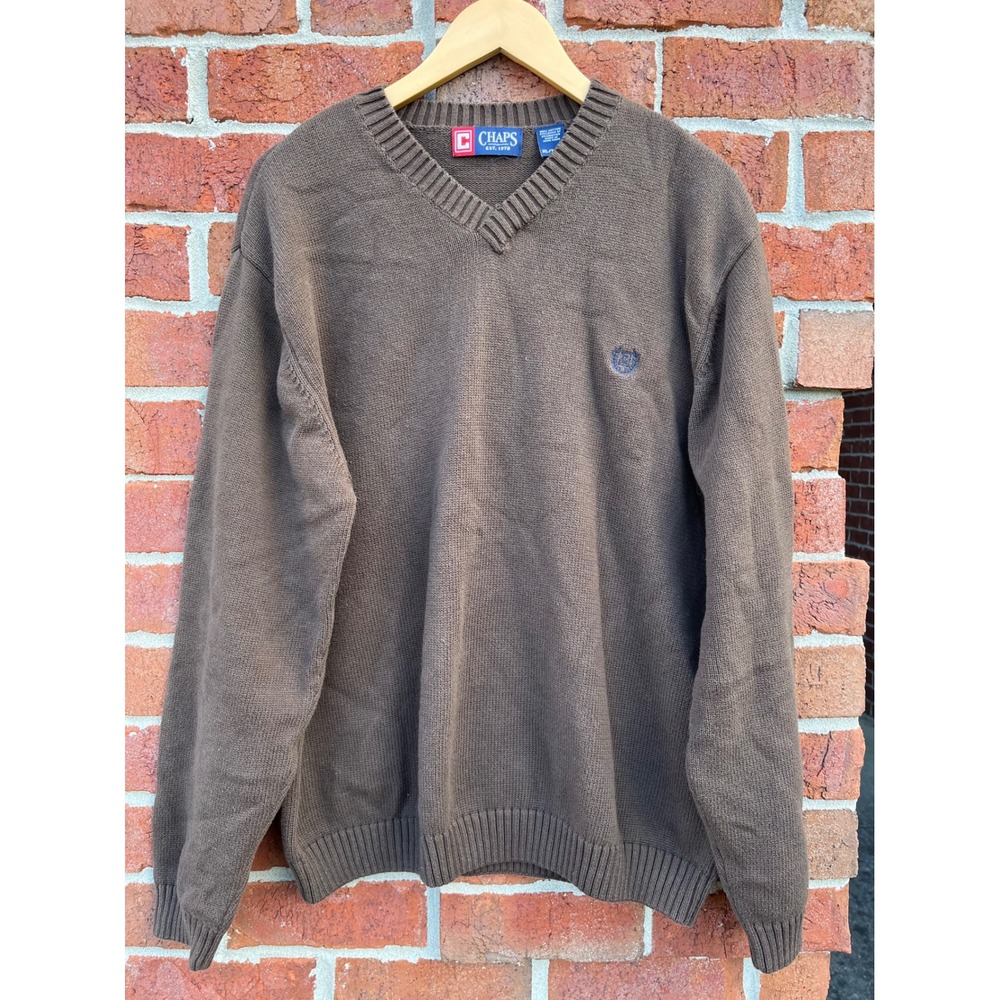 Chaps Mens XL Brown V-Neck Sweater 100% Cotton Long Sleeve Pullover Knit Logo